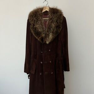 Vintage Long Brown Suede Fur collar Trench Coat